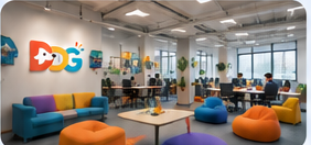 DaiDaiGoals office lounge with colorful seats.