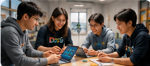 DaiDaiGoals teammates collaborating around a laptop.